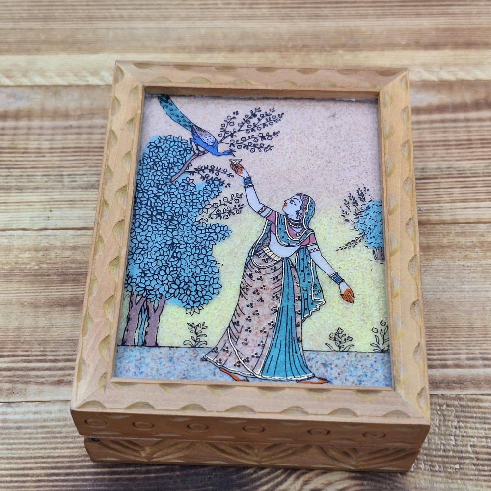 Vintage Indian Wood Jewelry Box Gemstone Sand Painting Peacock Hand Carved